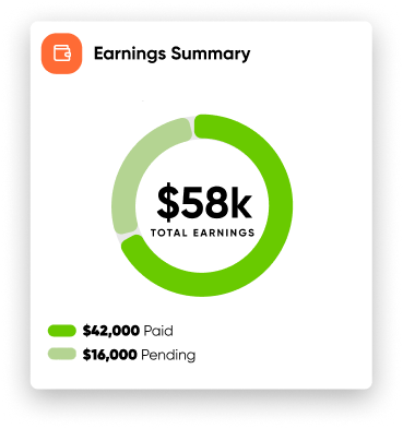 Earnings summary: $58,000 total earnings — $42,000 paid, $16,000 pending
