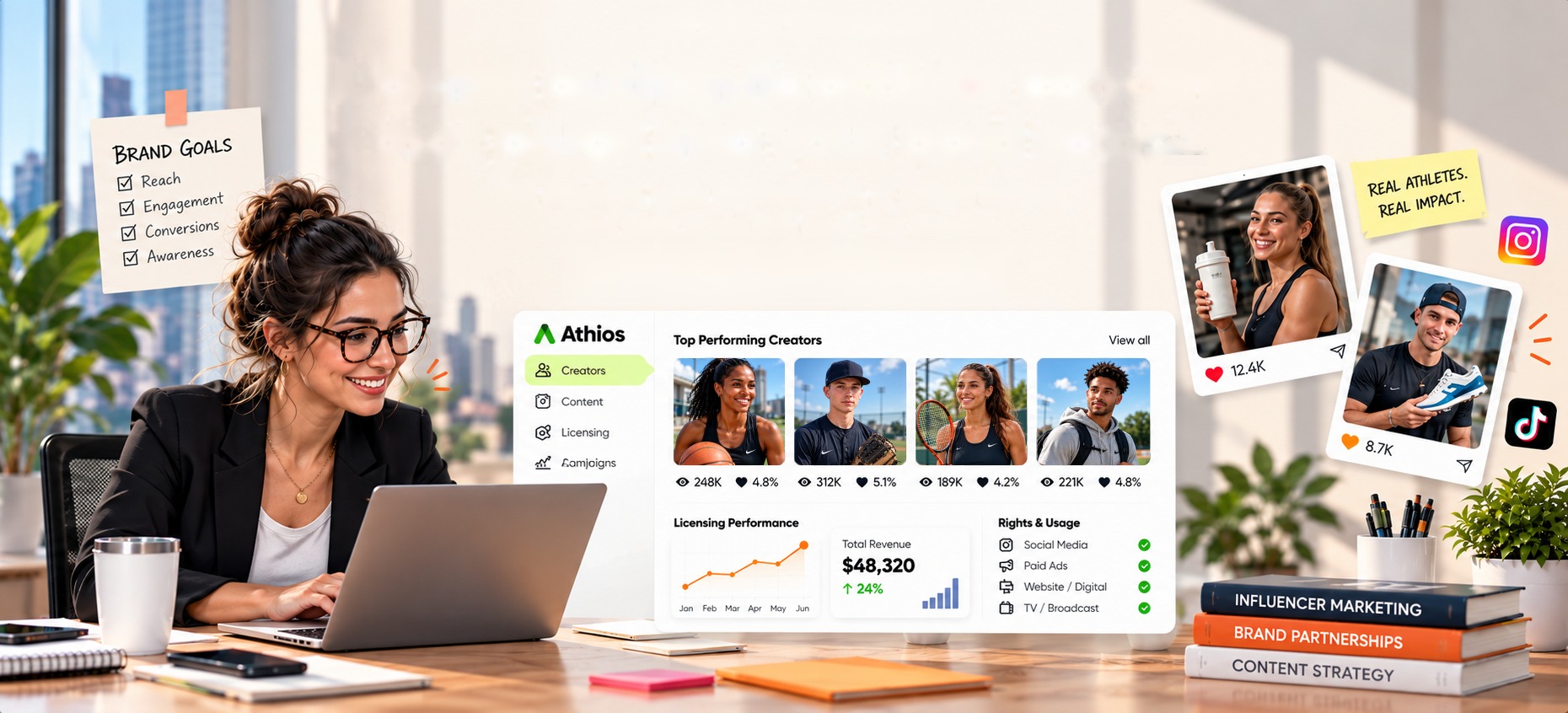 A blue brand-marketer monster at a desk with a laptop, a dashboard of top performing creators, and licensing results