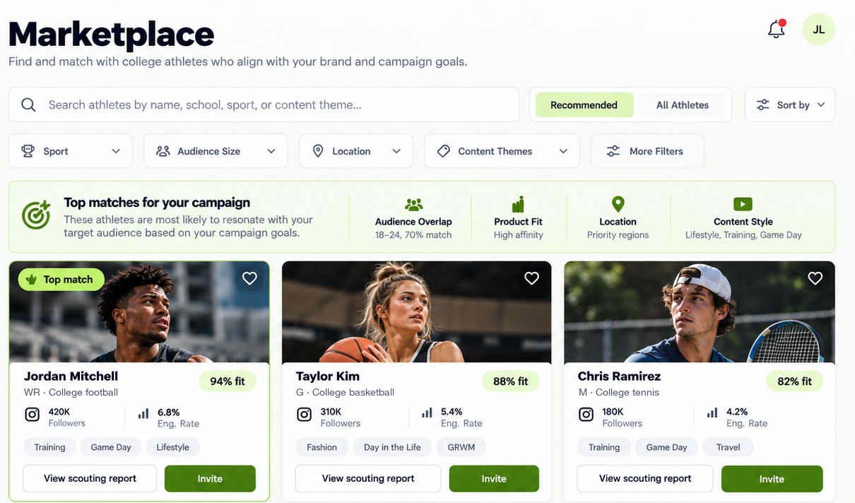 The Athios Marketplace, showing top athlete matches for a brand campaign with fit scores, followers, and engagement rates