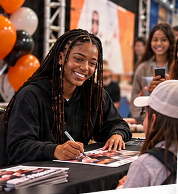An athlete signing posters for fans at an appearance