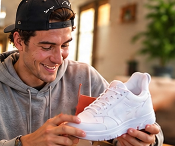 An athlete unboxing a gifted pair of sneakers
