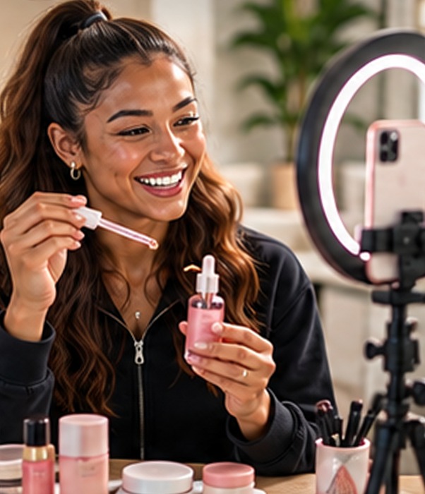 A creator applying a skincare serum in front of a ring light and phone