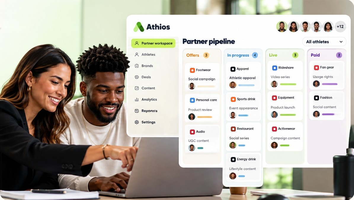 Two partners at a laptop with the Athios Partner pipeline board showing offers in, in progress, live, and paid deals